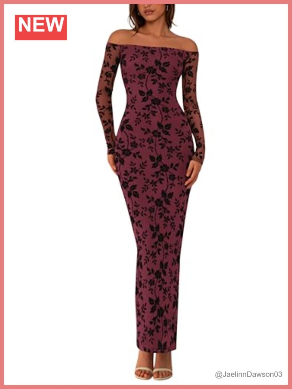 Off Shoulder Floral Mesh Bodycon Maxi Dress Long Sleeve Formal